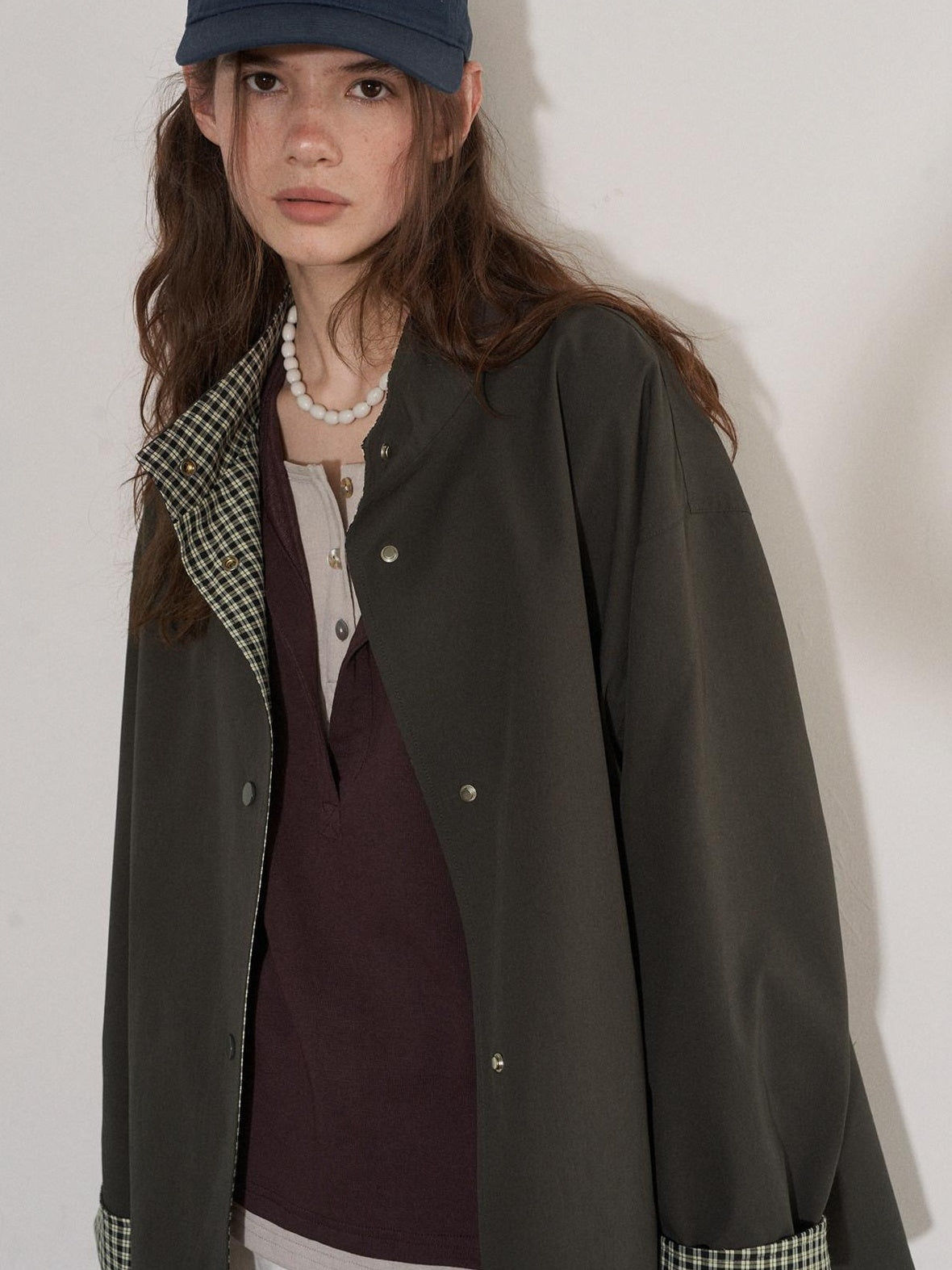 Lofi choose Cotton Blend Button Collar Loose Commuter Womens Purple Long Sleeve T-Shirts