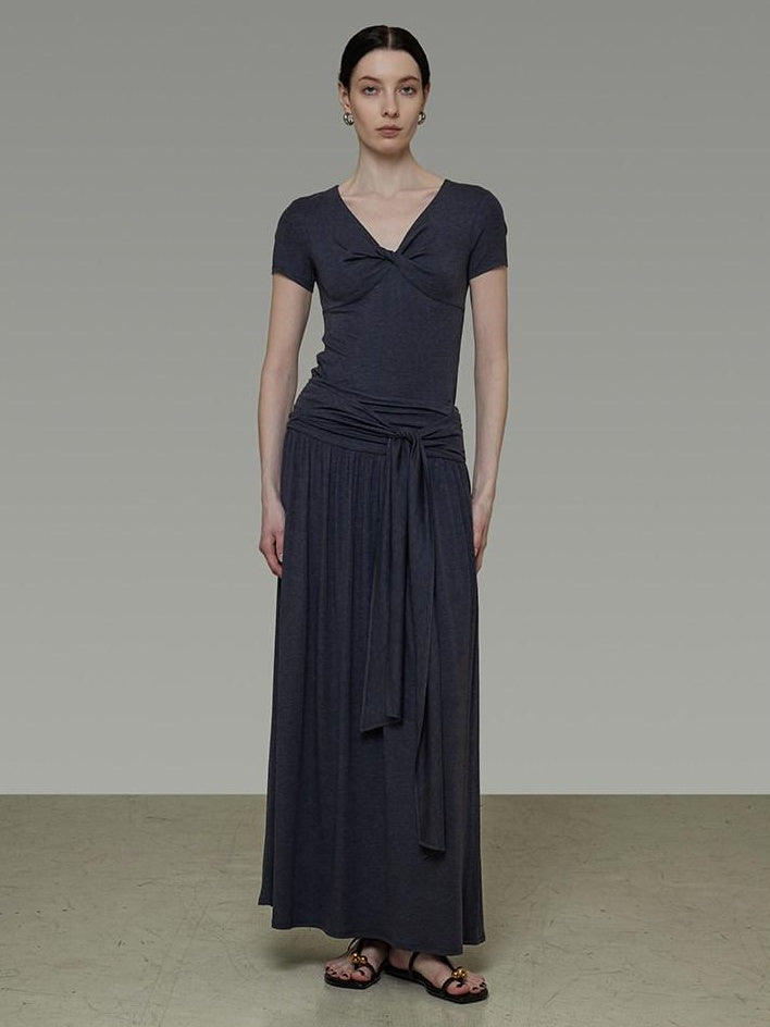 unspoken Lyocell Blend V-neck Slim Fit Minimal Workwear Women Solid Color Maxi Dresses