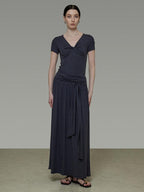 unspoken Lyocell Blend V-neck Slim Fit Minimal Workwear Women Solid Color Maxi Dresses