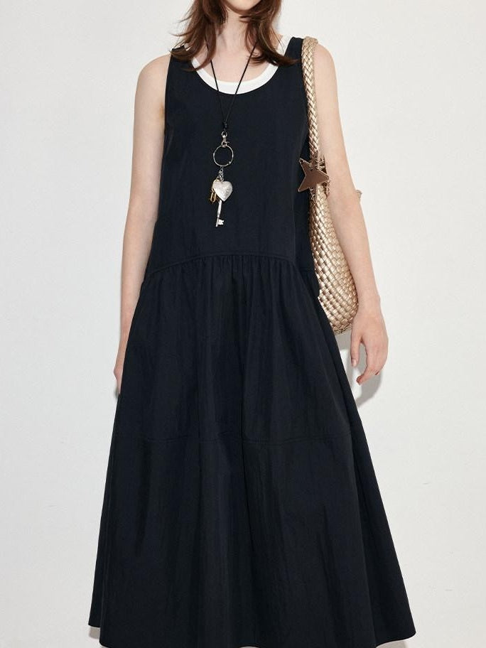 fano Black Cotton Blend A Line Sleeveless Round Neck Natural Waist Women Maxi Dresses