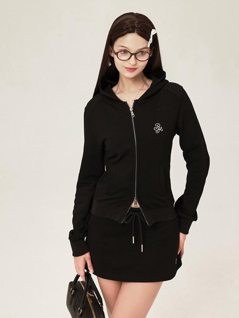 ikyou Sleek Slim Fit Zip Up Patchwork Pockets Commuter Cotton Lined Hoodie