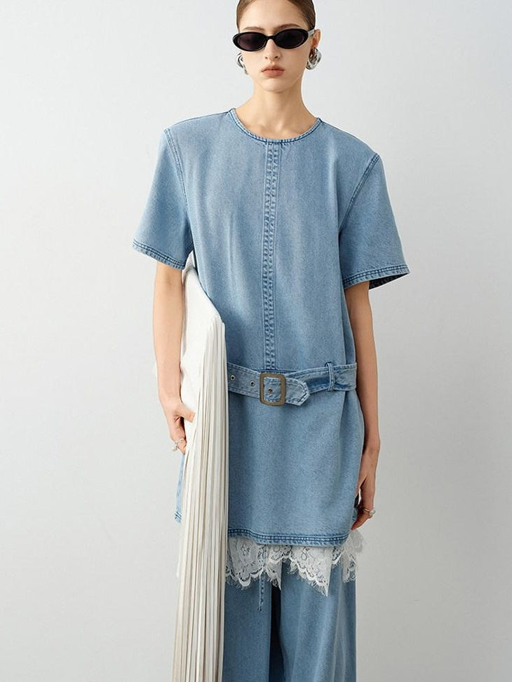 audreyyang Washed Tencel Micro Stretch Straight Fit Denim Blue Casual Short Sleeve T-Shirts