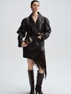 audreyyang Thick Vintage Croc Embossed Doublebreasted Midlength Women Pu Leather Jackets