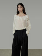 unspoken Soft Knit 3D Embellishment Loose Round Neck Long Sleeve Women White Blouses