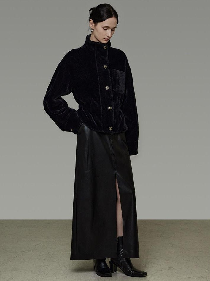 unspoken High Waist Textured H Line Straight Minimalist Workwear Black Midi Skirts