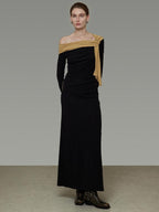 Breathable Lyocell Knit Slim A Line Waist Cinch V-neck Black Ladies Maxi Dresses