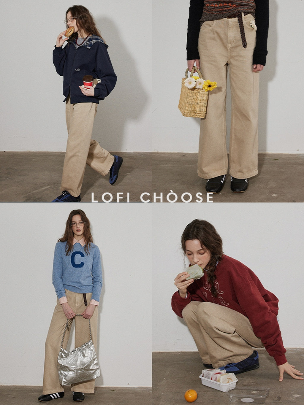 Lofi choose High Waist Casual Loose Fit Zipper Front No Stretch Beige Women Wide Leg Jeans