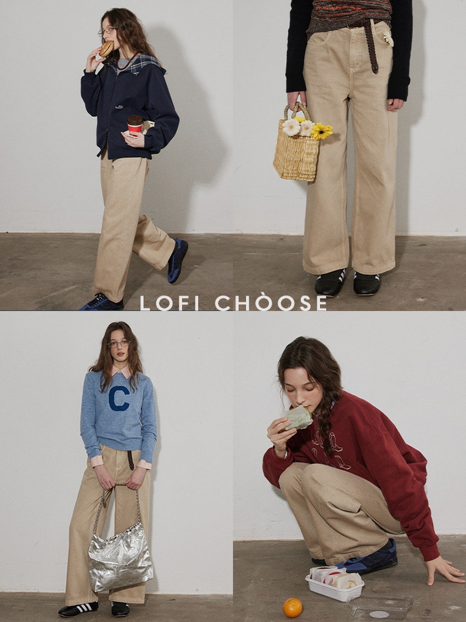 Lofi choose High Waist Casual Loose Fit Zipper Front No Stretch Beige Women Wide Leg Jeans