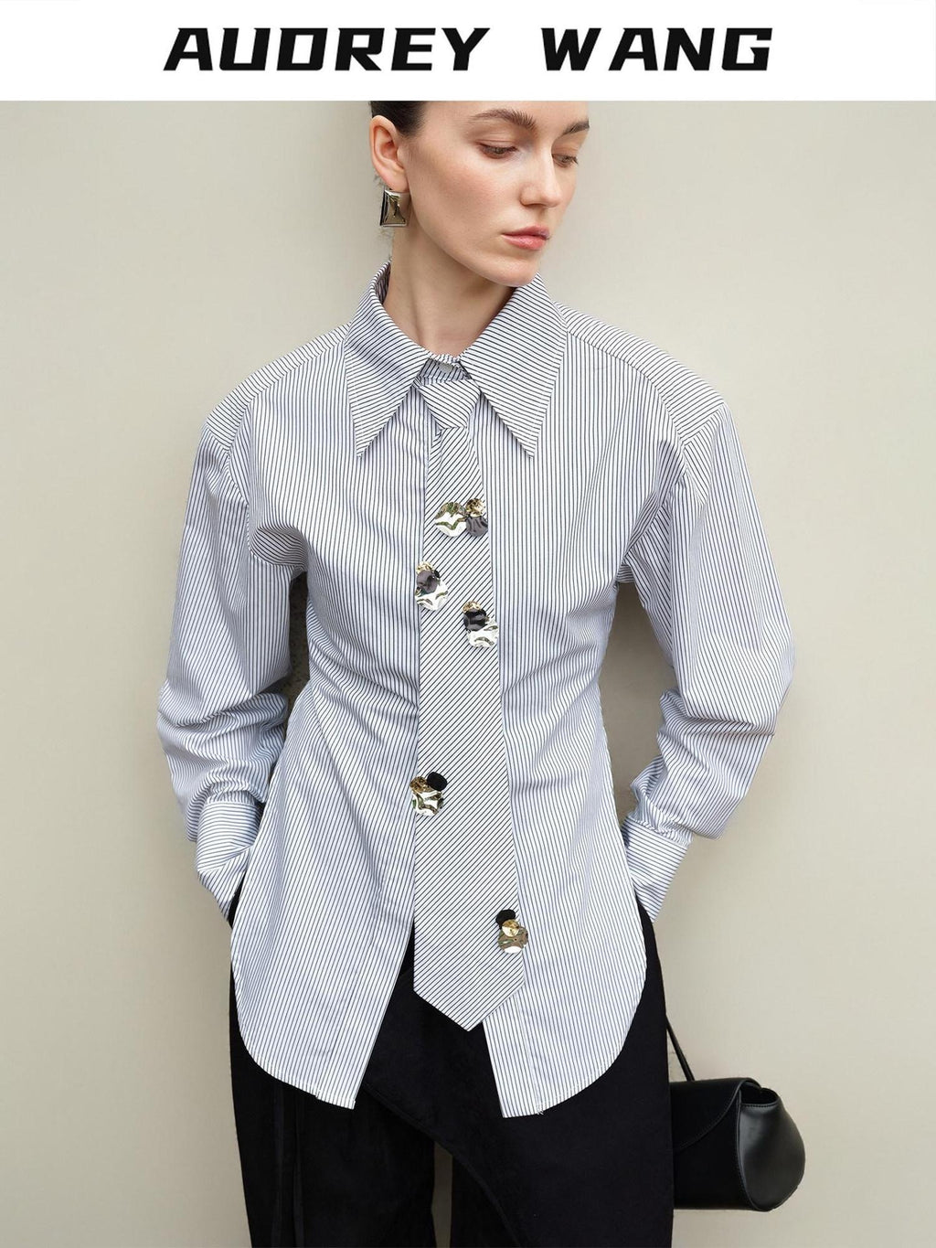 audreyyang Original Design Relaxed Tie Neck Collared Tencel Cotton Striped Blouses
