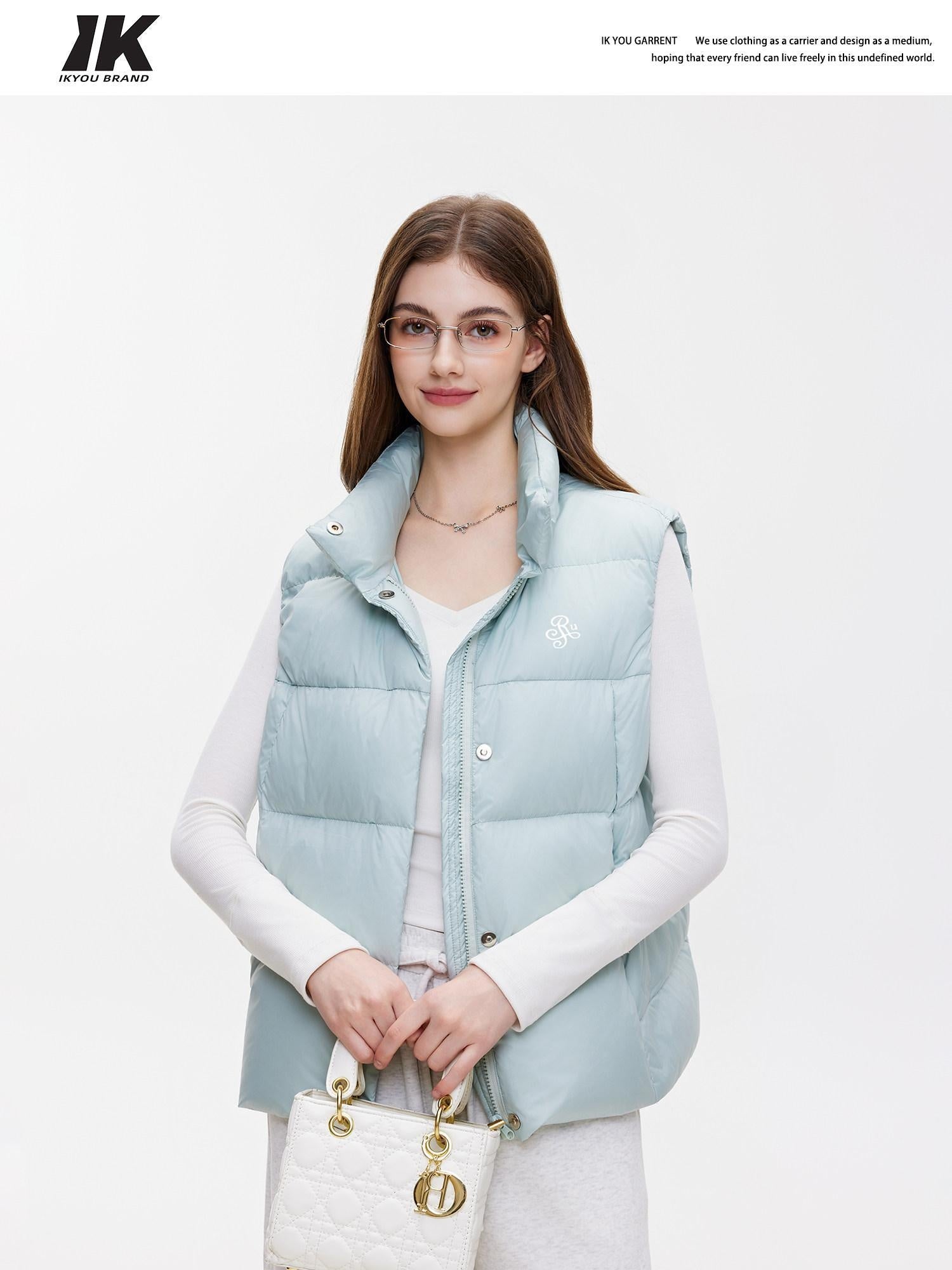 ikyou Warm Thick Sleeveless Stand Collar Straight Commuter Sky Blue Puffer Jackets