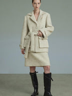 unspoken Porcelain White Wool Blend Minimal Office Single Breasted Notch Top & Skirt Sets