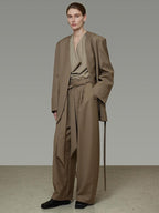 unspoken Minimal Slim Tailored Blazer High Waist Long Pants Women Brown Top & Pants Sets