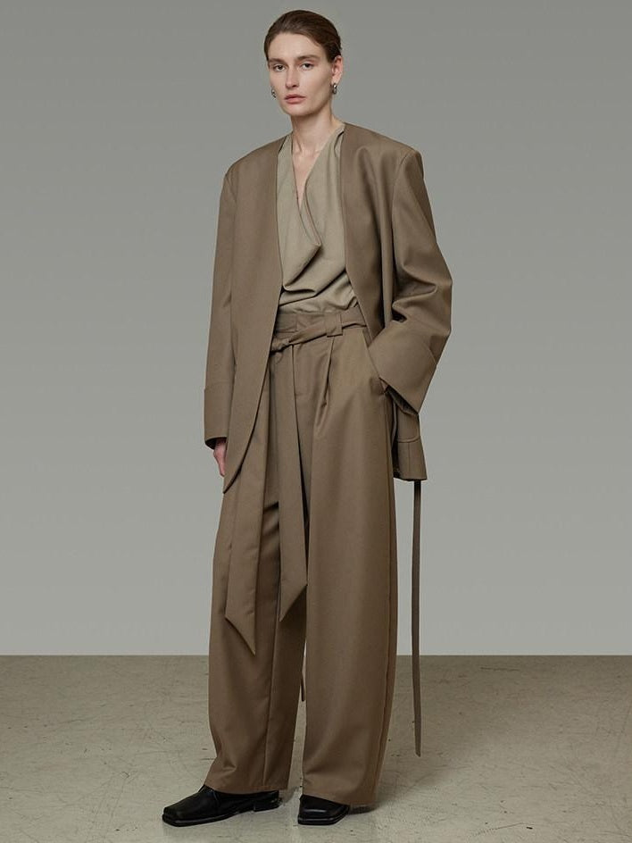 unspoken Minimal Slim Tailored Blazer High Waist Long Pants Women Brown Top & Pants Sets