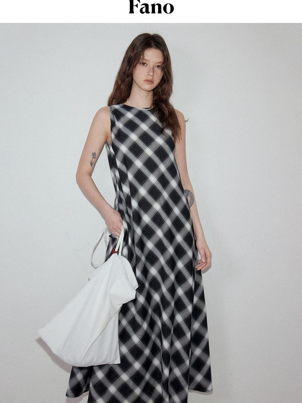 fano Plaid Sleeveless A Line Natural Waist Korean Office Casual Maxi Dresses