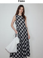 fano Plaid Sleeveless A Line Natural Waist Korean Office Casual Maxi Dresses