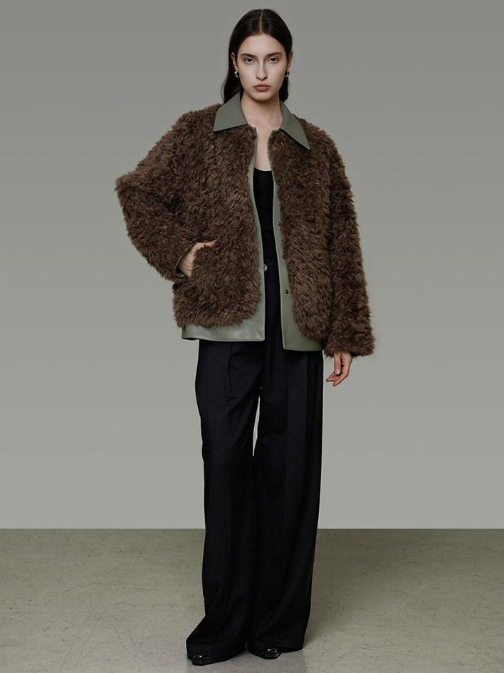 unspoken Warm Patchwork Lapel Loose Fit Minimalist Women Chestnut Short Coat