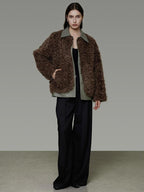 unspoken Warm Patchwork Lapel Loose Fit Minimalist Women Chestnut Short Coat