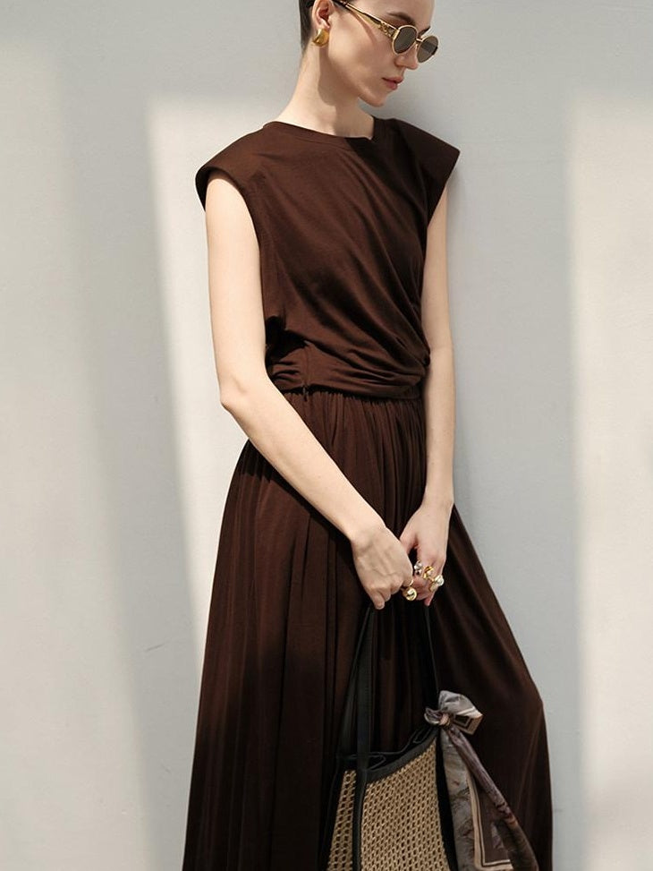 audreyyang Recycled Viscose French Chic Pleated Aline Two Piece Sleeveless Maxi Dresses