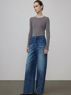 unspoken High Waist Washed Durable Denim Blue Loose Versatile Cotton Wide Leg Jeans