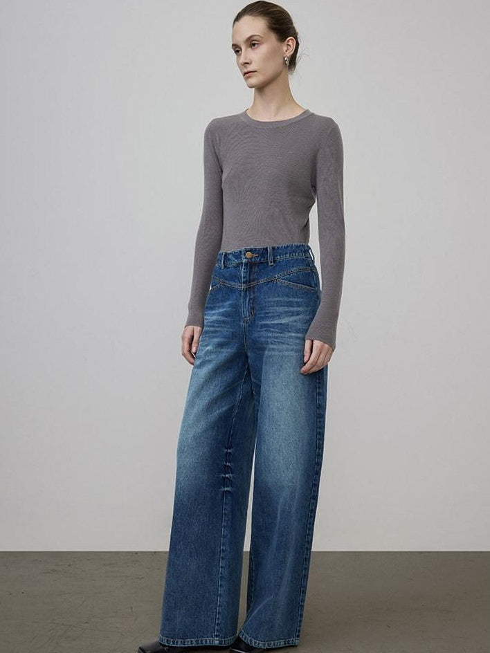 unspoken High Waist Washed Durable Denim Blue Loose Versatile Cotton Wide Leg Jeans