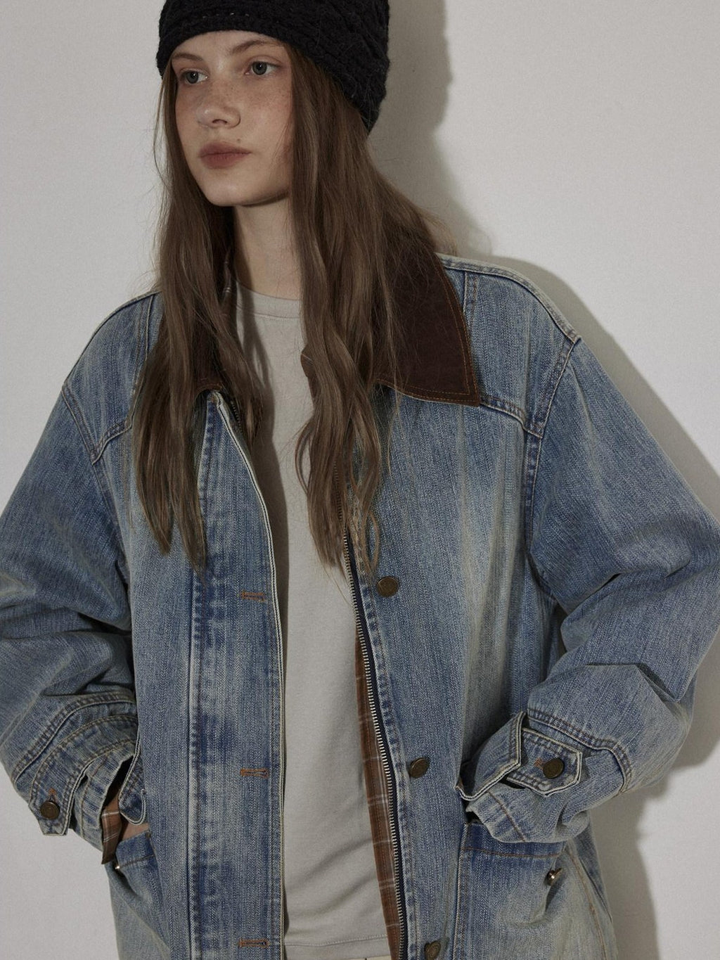 Lofi choose Cotton Colorblock Loose Fit Women Button Midlength Blue Denim Jackets