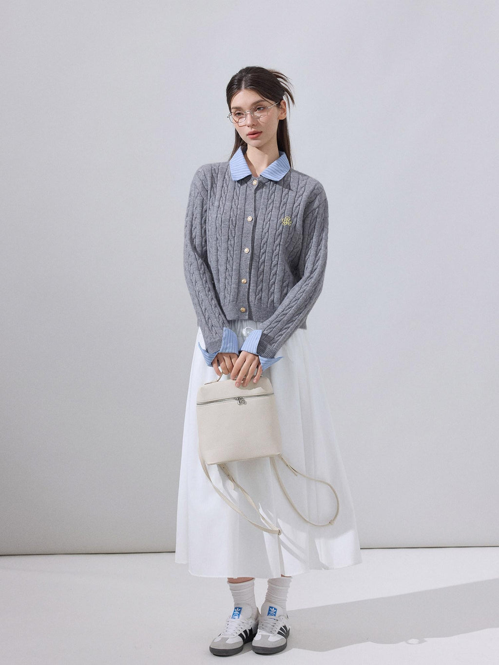 ikyou Soft Preppy Slim Faux Layer Women Casual Long Sleeve Crewneck Grey Cardigans