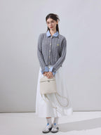 ikyou Soft Preppy Slim Faux Layer Women Casual Long Sleeve Crewneck Grey Cardigans