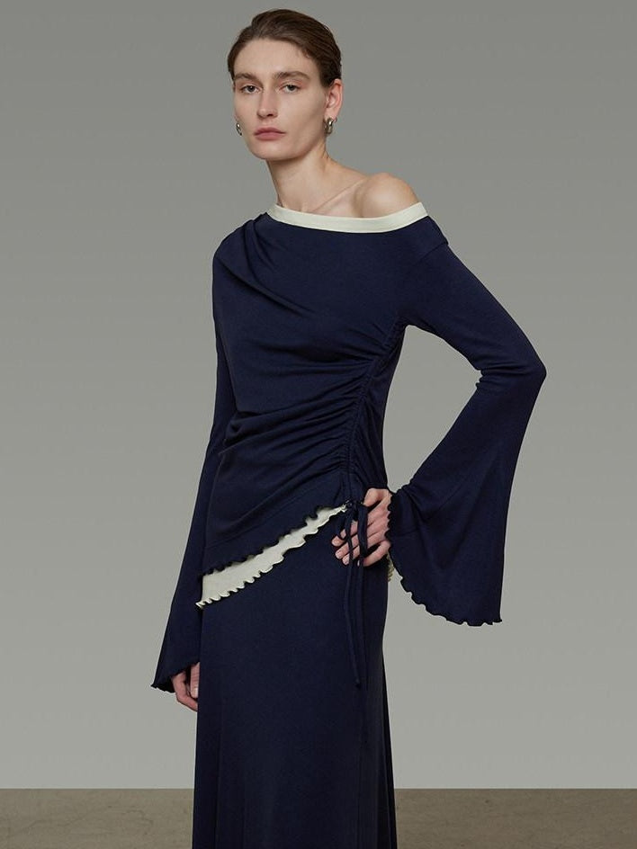 unspoken Navy Tencel Slim Fit Knit Round Neck High Waist Casual Women Top & Skirt Sets
