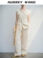 audreyyang Light Cream Linen V-neck Button Vest With Long Pants Women Top & Pants Sets