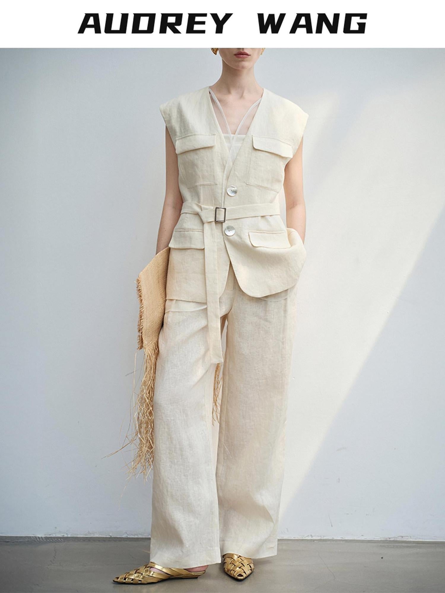 audreyyang Light Cream Linen V-neck Button Vest With Long Pants Women Top & Pants Sets