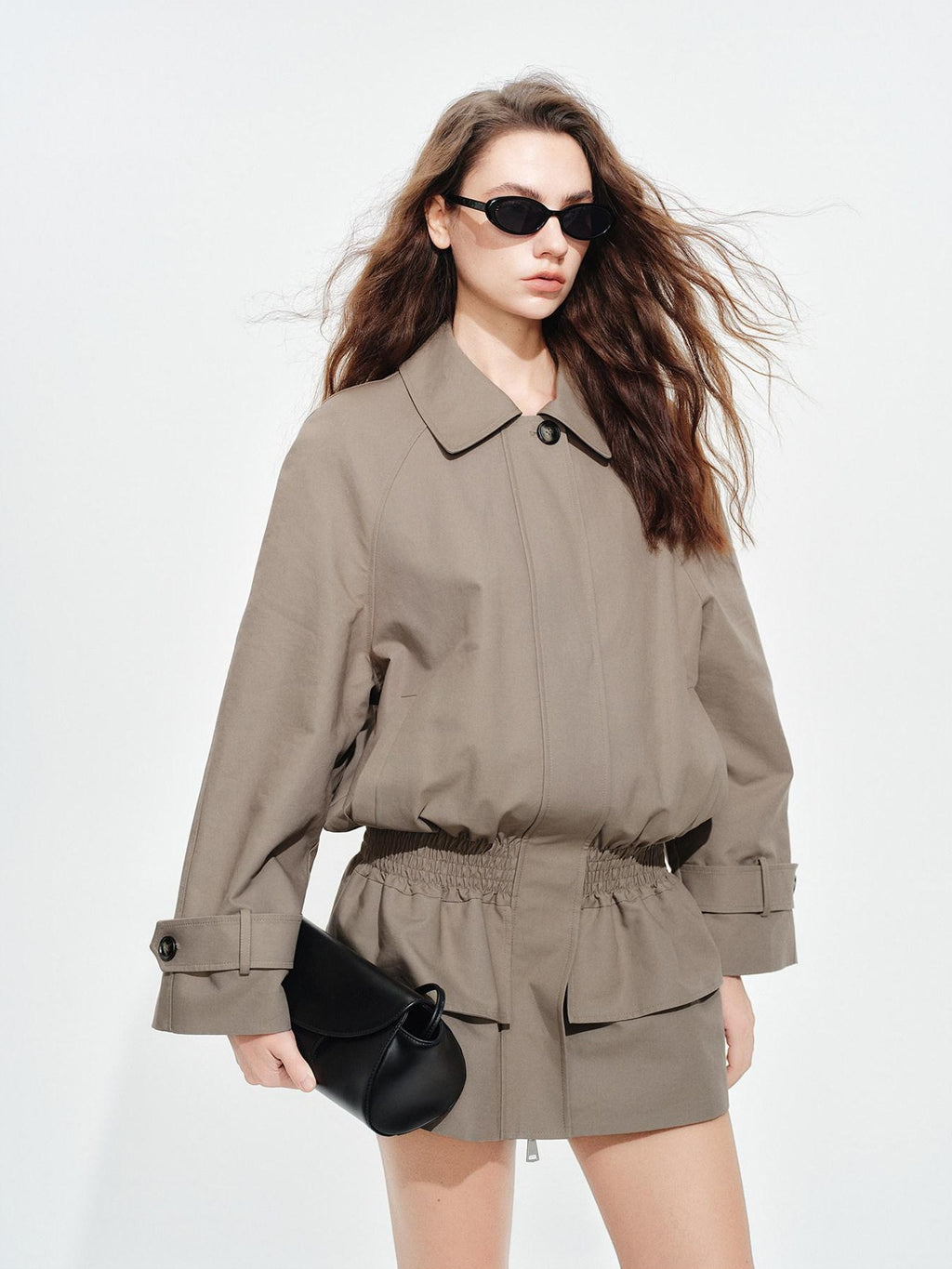 audreyyang Ruched Cotton Mid Length Zip Elastic Hem Long Sleeve Women Gray Cropped Jackets