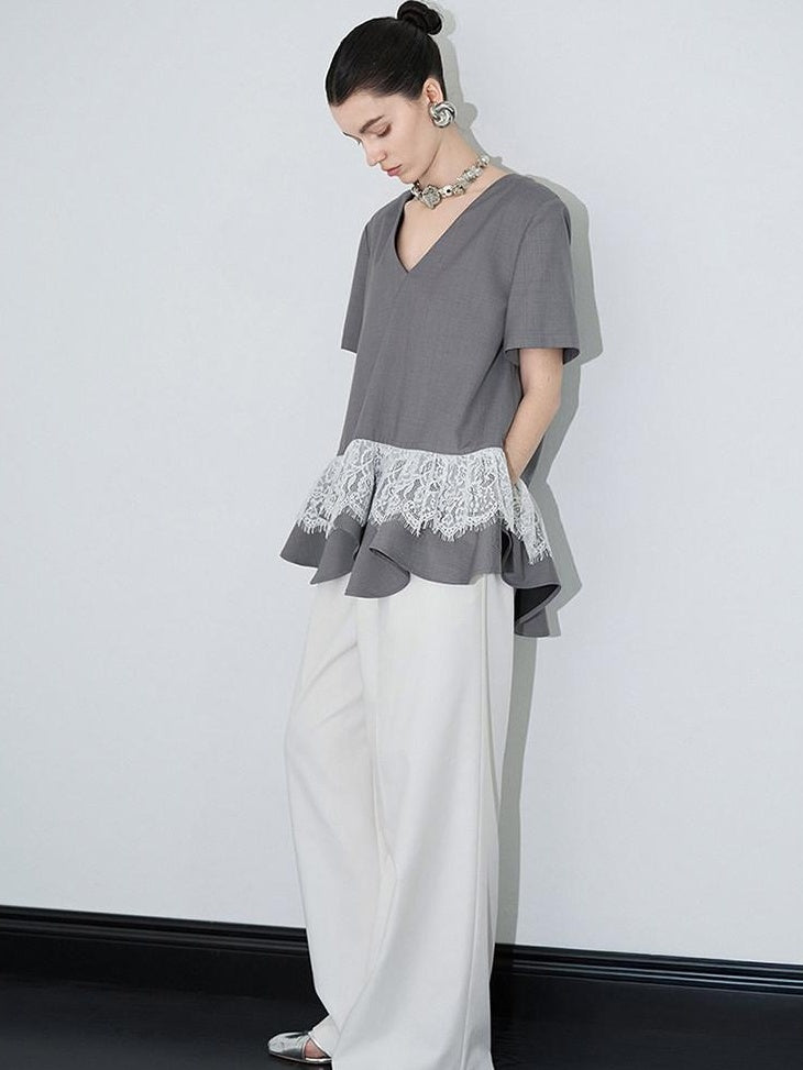 audreyyang Cotton Blend Commuter Patchwork Loose V-neck Heather Gray Short Sleeve T-Shirts