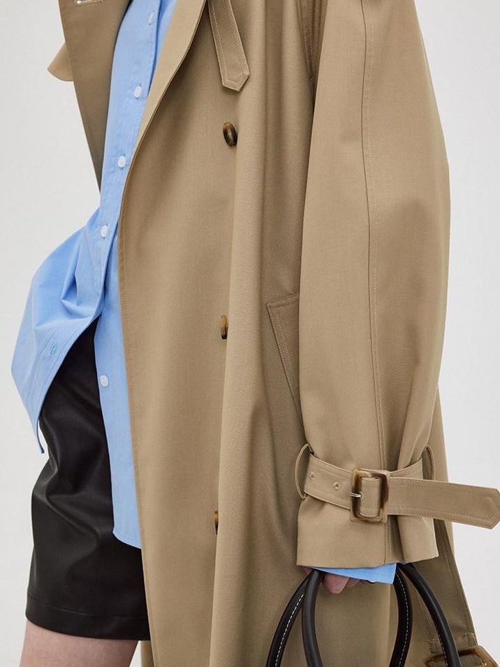 fano Double Breasted Button Loose Fit Raglan Sleeve Commuter Women Khaki Trench Coats