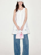 fano 100 Percent Cotton Embroidery A Line Loose Waist Sleeveless Office Midi Dresses