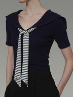 unspoken Soft Viscose Knit Slim Fit Colorblock Tie Women Office Short Sleeve T-Shirts