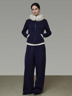 unspoken Warm Slim Fit Zip Hooded Cardigan High Waist Commuter Polyester Navy Lounge Sets