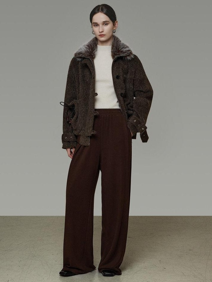 unspoken Faux Fur Collar Loose Fit Structured Tailored High Waist Women Brown Short Coat