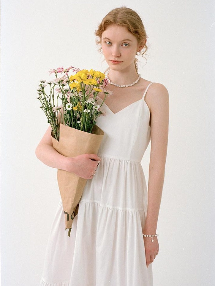 fano High Waist Pleated Minimalist V-neck Sleeveless A Line Cotton Casual Maxi Dresses