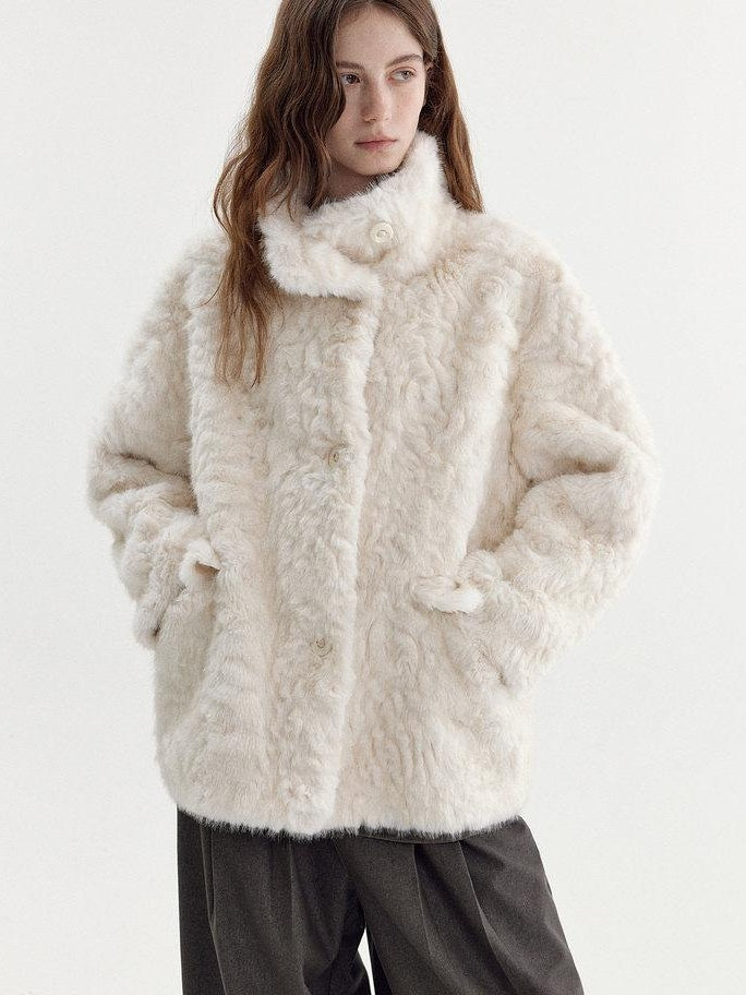 fano Soft Beige Minimalist Lapel Collar Loose Fit Young Women Everyday Short Coat
