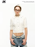 ikyou Rhinestone Lace Hollowout 3D Detail Minimal Commuter Slim Crop Knitwear Sweaters