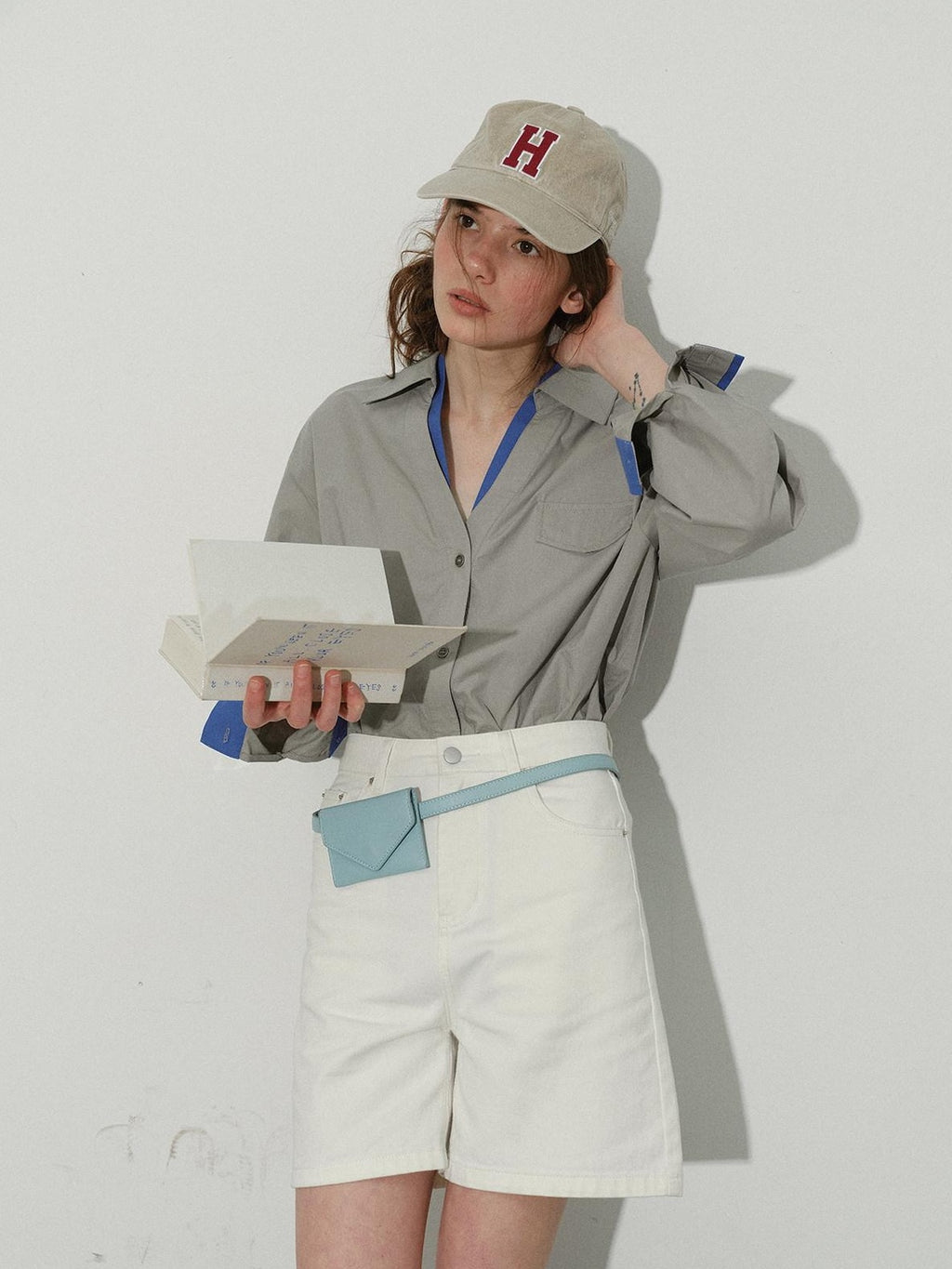 Lofi choose Soft Pure Cotton Colorblock Loose V-neck Button Long Sleeve Womens Navy Shirts