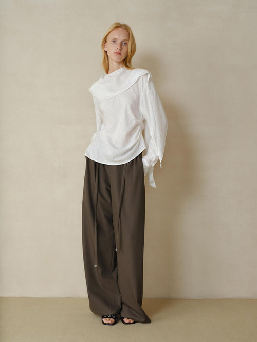 someonesometimes Cooling French Loose Round Neck Sparkle White Nylon Long Sleeve Blouses