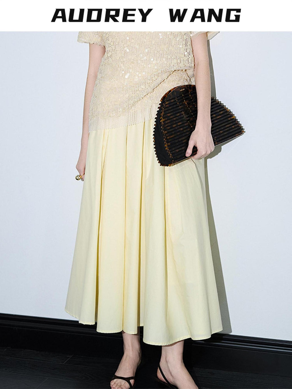 audreyyang 100% Cotton Lined Pleated H Line Mid Waist Bright Yellow Midi Skirts
