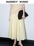 audreyyang 100% Cotton Lined Pleated H Line Mid Waist Bright Yellow Midi Skirts
