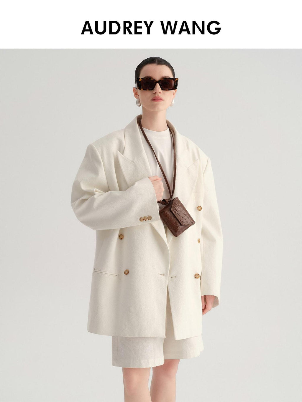 audreyyang Minimal Double Breasted Notch Lapel Midlength Loose Fit Women White Blazers