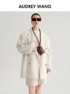 audreyyang Minimal Double Breasted Notch Lapel Midlength Loose Fit Women White Blazers
