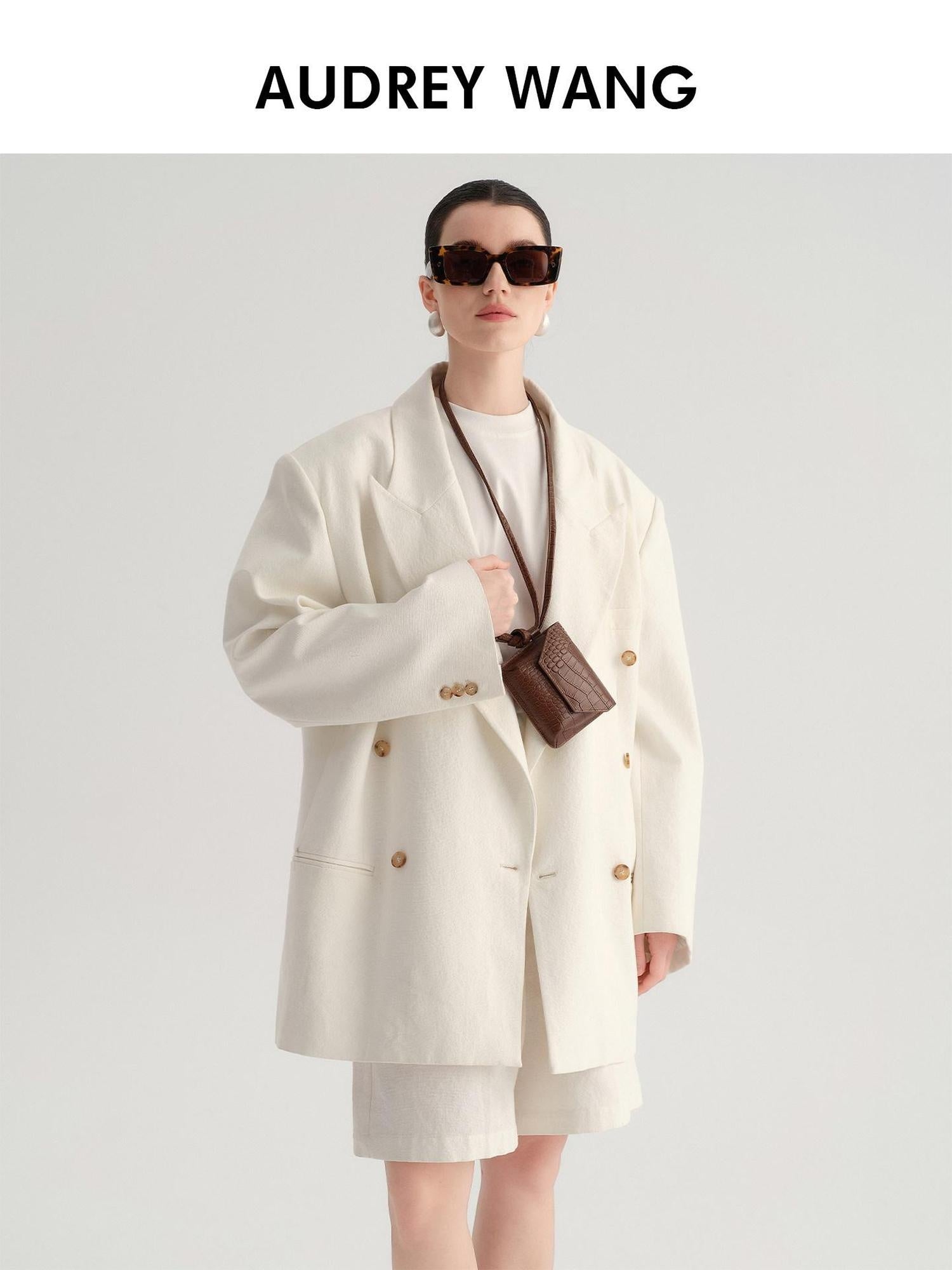 audreyyang Minimal Double Breasted Notch Lapel Midlength Loose Fit Women White Blazers