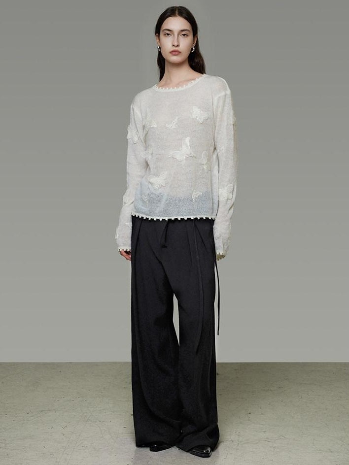 unspoken Breathable Knit Minimalist Relaxed Fit Butterfly Round Neck White Blouses