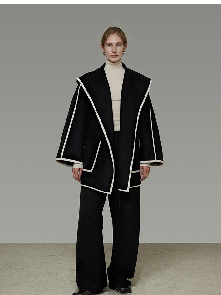 unspoken Premium Wool Alpaca Blend Straight Tailored Office Notch Lapel Black Wool Coats