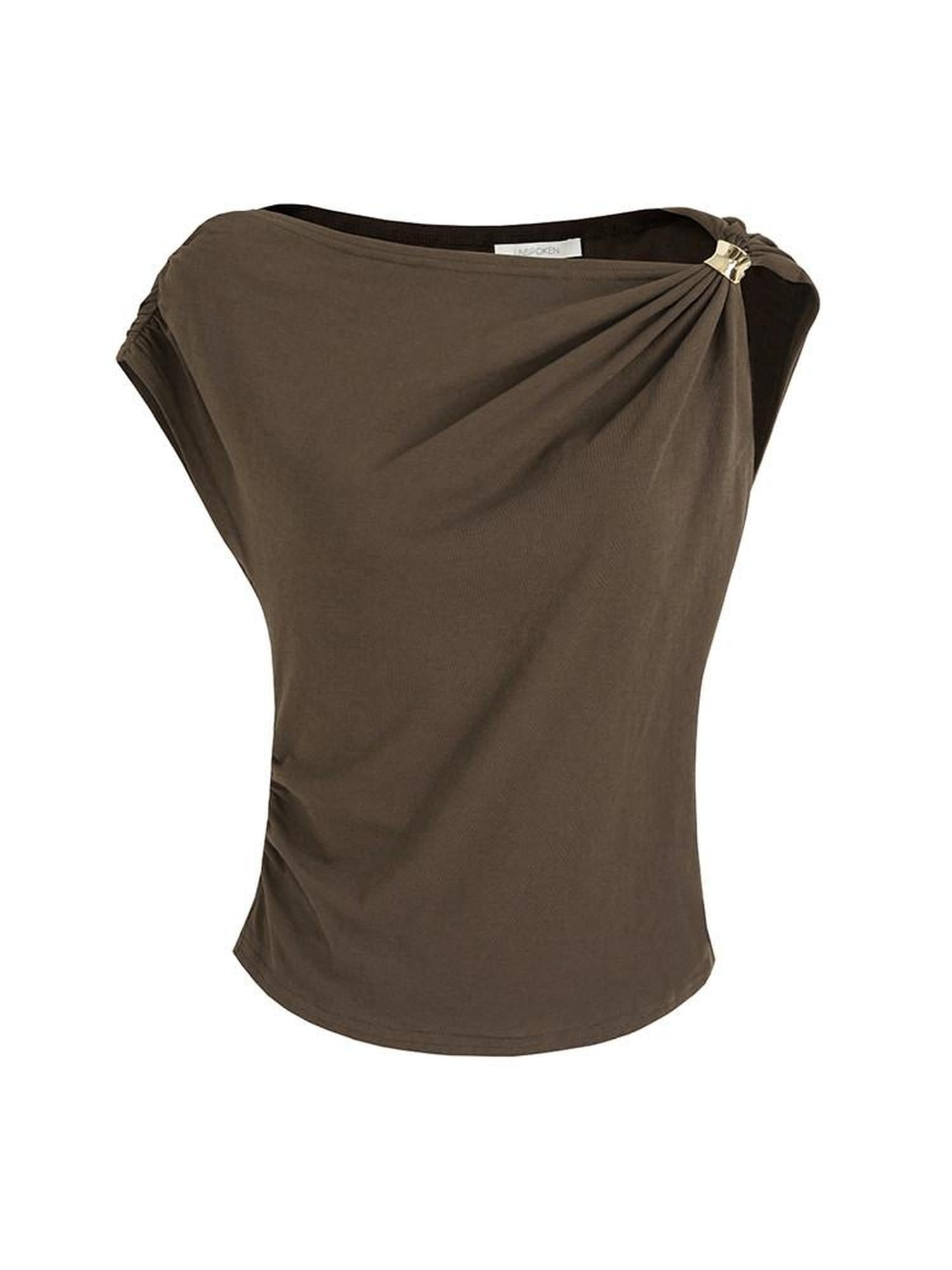unspoken Eco Hemp Cotton 3D Detail Slim Fit Asymmetric Neck Brown Off Shoulder Crop Tops